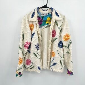 Cottagecore Embroidered Floral Jacket Medium Cream Boho Grannycore Artsy